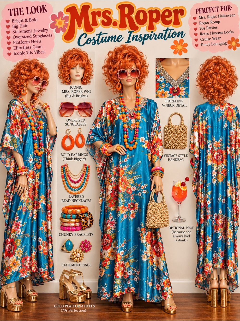 Mrs Roper Costume Turquoise Floral Rhinestone Caftan OS - Picture 2 of 6